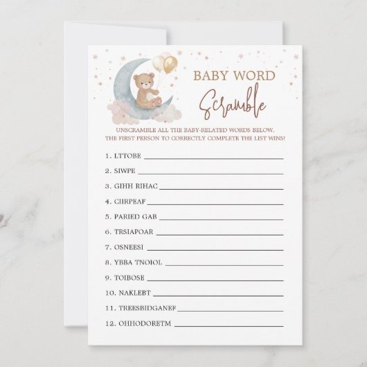 Over the Moon Baby shower Word Scramble Game Kaart (Voorkant)