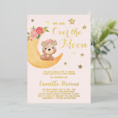 Over the Moon Bear Blush Baby Shower Meisje Folie Uitnodiging (Staand Voorkant)