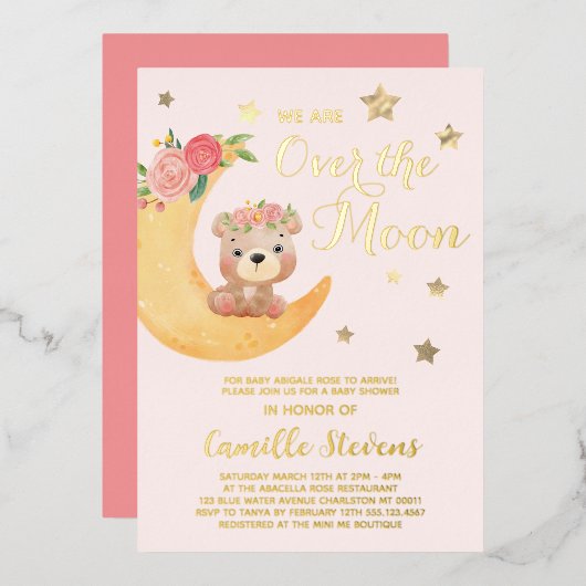 Over the Moon Bear Blush Baby Shower Meisje Folie Uitnodiging (Voorkant / Achterkant)