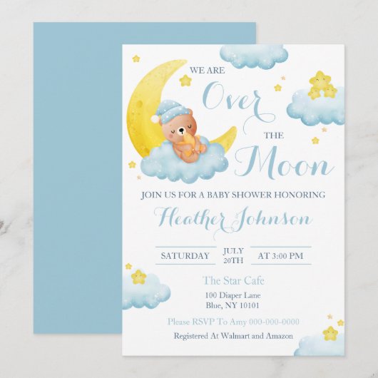 Over The Moon Bear Boy Baby Shower Kaart (Voorkant / Achterkant)