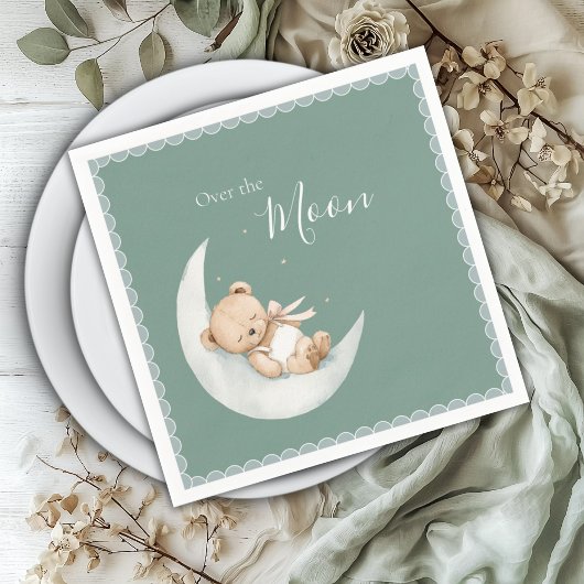 Over the Moon Bear Green Baby Shower Servet