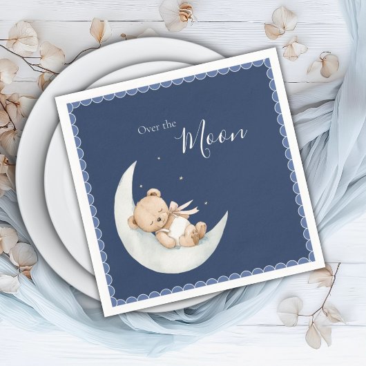 Over the Moon Bear Navy Blue Baby Shower Servet