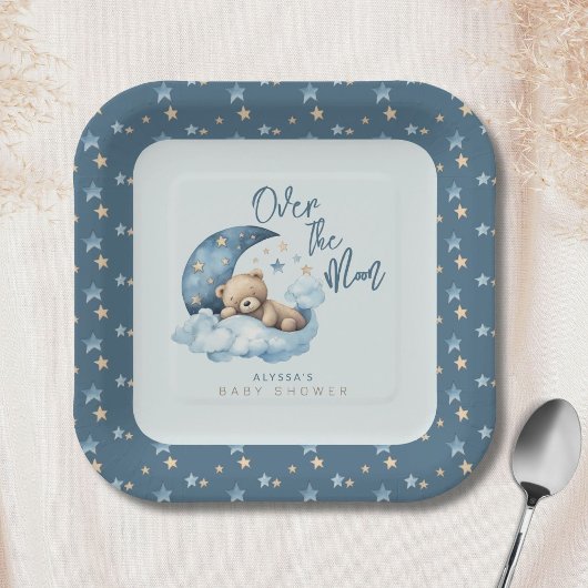 Over the Moon Beer Teddy Blue Baby shower Papieren Bordje