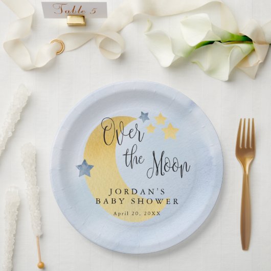 Over the Moon, blauw gepersonaliseerd Baby shower Papieren Bordje (Huwelijk)