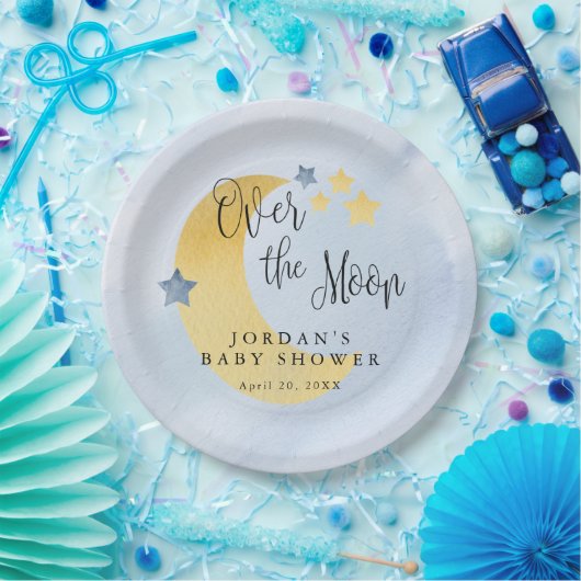 Over the Moon, blauw gepersonaliseerd Baby shower Papieren Bordje (Feest)