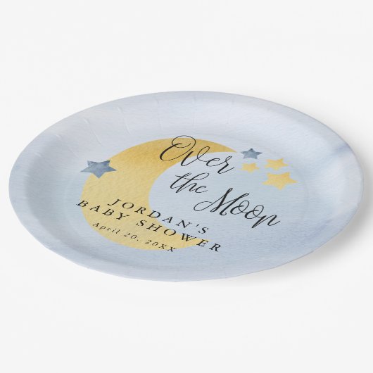 Over the Moon, blauw gepersonaliseerd Baby shower Papieren Bordje (Gekanteld)