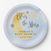 Over the Moon, blauw gepersonaliseerd Baby shower Papieren Bordje (Voorkant)