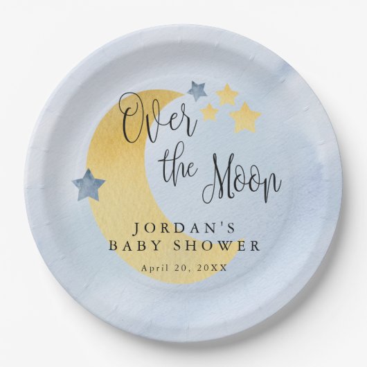Over the Moon, blauw gepersonaliseerd Baby shower Papieren Bordje (Voorkant)