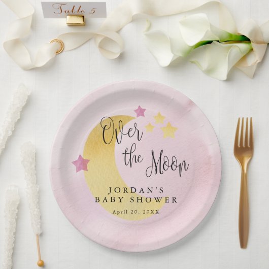 Over the Moon, blauw gepersonaliseerd Baby shower Papieren Bordje (Huwelijk)