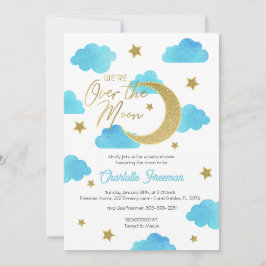 Over the Moon Blauw & Goud Baby shower Uitnodigen Kaart