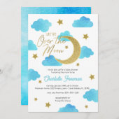 Over the Moon Blauw & Goud Baby shower Uitnodigen Kaart (Voorkant / Achterkant)