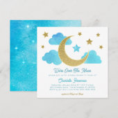 Over the Moon Blauw Goud Baby shower Uitnodigen Kaart (Voorkant / Achterkant)