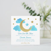 Over the Moon Blauw Goud Baby shower Uitnodigen Kaart (Staand voorkant)