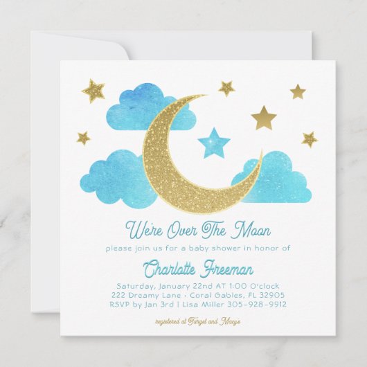 Over the Moon Blauw Goud Baby shower Uitnodigen Kaart (Voorkant)