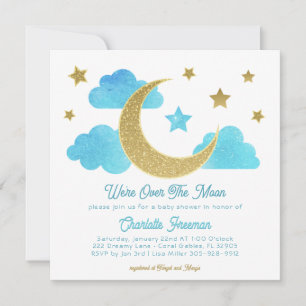 Over the Moon Blauw Goud Baby shower Uitnodigen Kaart
