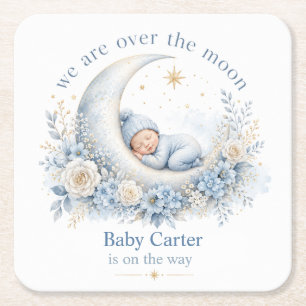 Over the Moon Blauwe Baby Shower met Aangepaste Na Kartonnen Onderzetters