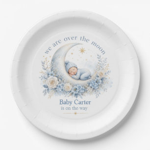 Over the Moon Blauwe Baby Shower met Aangepaste Na Papieren Bordje