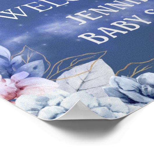 Over the Moon Bloemblauw baby shower welkomstbord Poster (Hoek)