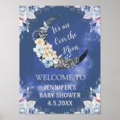 Over the Moon Bloemblauw baby shower welkomstbord Poster (Voorkant)