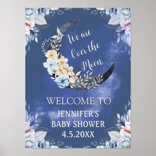 Over the Moon Bloemblauw baby shower welkomstbord Poster (Voorkant)