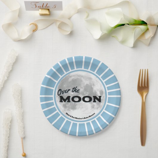 Over. the Moon Blue Baby shower Custom Papieren Bordje (Huwelijk)
