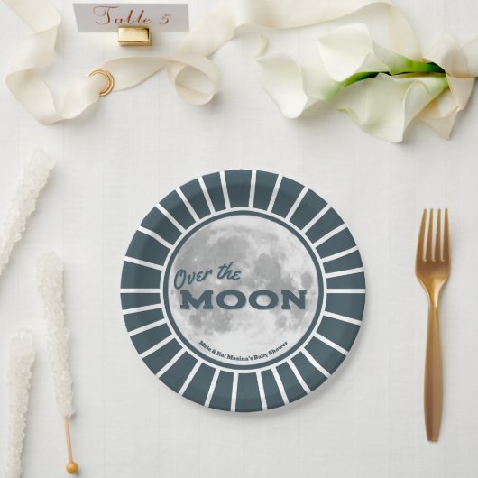 Over. the Moon Blue Baby shower Custom Papieren Bordje (Huwelijk)