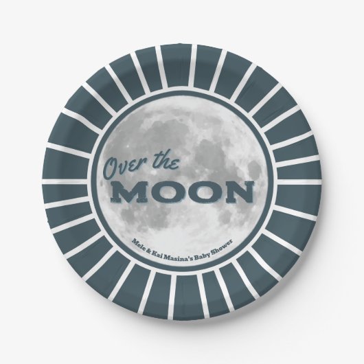 Over. the Moon Blue Baby shower Custom Papieren Bordje (Voorkant)