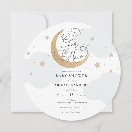 Over the Moon Blue Baby shower Invitation Kaart (Voorkant)