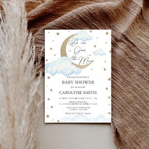 Over the Moon Blue Baby shower Invitation Kaart
