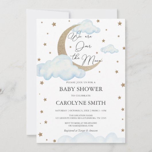 Over the Moon Blue Baby shower Invitation Kaart (Voorkant)