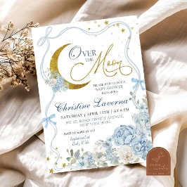 Over The Moon Blue Bow Hortensia Baby Shower Kaart