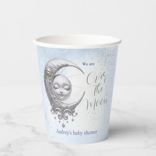 Over The Moon Blue Boy Baby shower papieren bekers (Voorkant)
