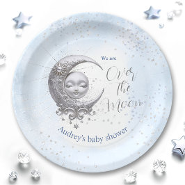 Over the Moon Blue Boy Baby shower papieren Borden Bordje
