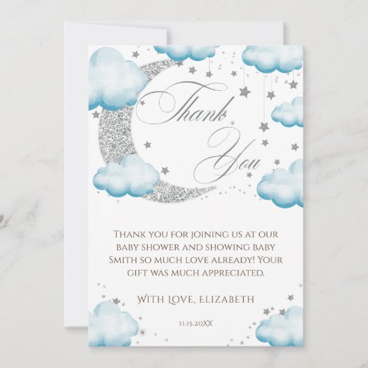 Over the Moon Blue Boy Baby shower Welkom Bedankkaart (Voorkant)