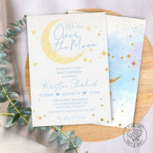 Over the Moon Blue Folie Baby shower Invitation