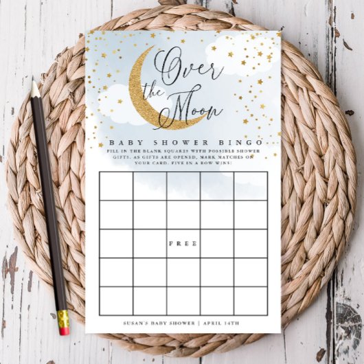 Over the Moon Blue & Gold Baby Paper Bingo Kaart