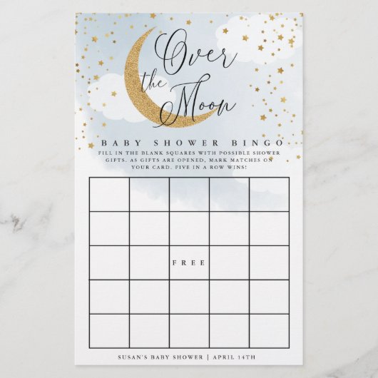 Over the Moon Blue & Gold Baby Paper Bingo Kaart (Voorkant)