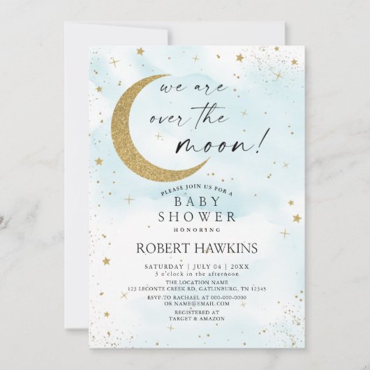 Over the Moon Blue Gold Boy Baby shower Kaart (Voorkant)