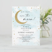 Over the Moon Blue Gold Boy Baby shower Kaart (Staand voorkant)