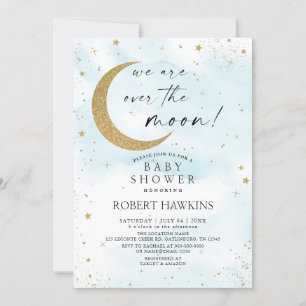 Over the Moon Blue Gold Boy Baby shower Kaart
