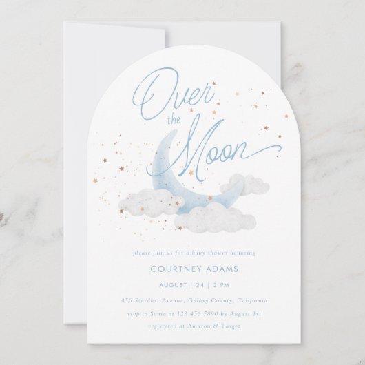 Over the Moon Blue Gold Stars Baby shower Kaart (Voorkant)