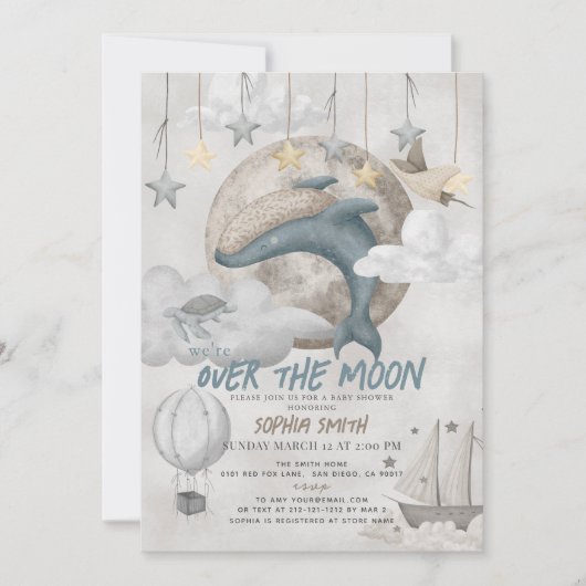 Over the Moon Blue Whale Boho Boy Baby shower Kaart (Voorkant)