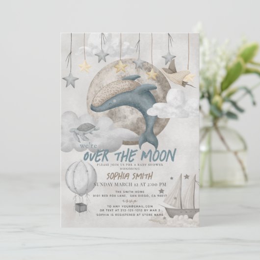 Over the Moon Blue Whale Boho Boy Baby shower Kaart (Staand voorkant)