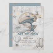 Over the Moon Blue Whale Boho Boy Baby shower Kaart (Voorkant / Achterkant)