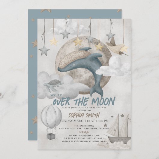 Over the Moon Blue Whale Boho Boy Baby shower Kaart (Voorkant / Achterkant)