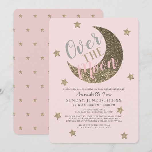Over the Moon Blush Pink drive-by Baby shower Kaart (Voorkant / Achterkant)