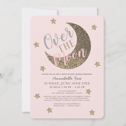 Over the Moon Blush Pink drive-by Baby shower Kaart (Voorkant)
