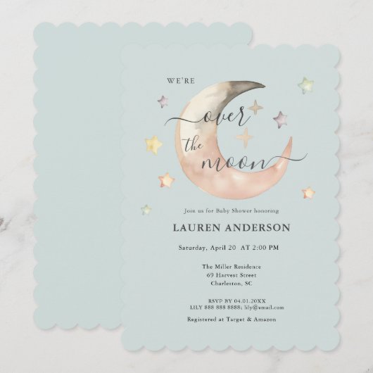 Over The Moon Boho Celestial Blue Baby shower Kaart (Voorkant / Achterkant)