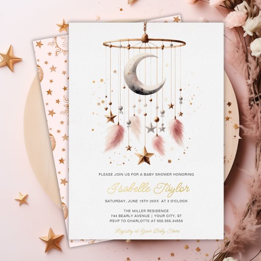Over the Moon Boho Celestial Meisje Baby shower Go Folie Uitnodiging