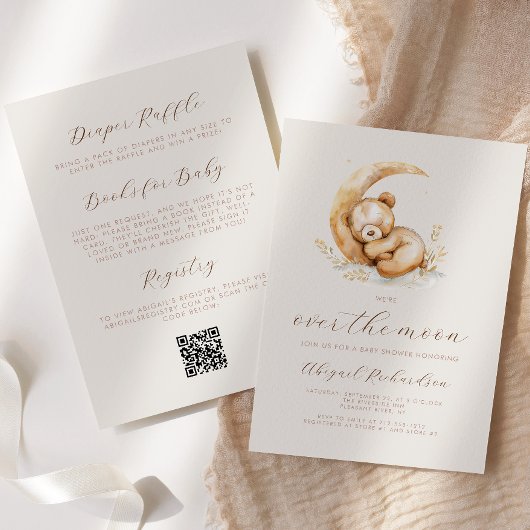 Over the Moon Boho Teddybeer QR Code Baby Shower Kaart